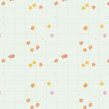Cute grid pattern with small orange and yellow floral motifs for cheerful stationery designs.
