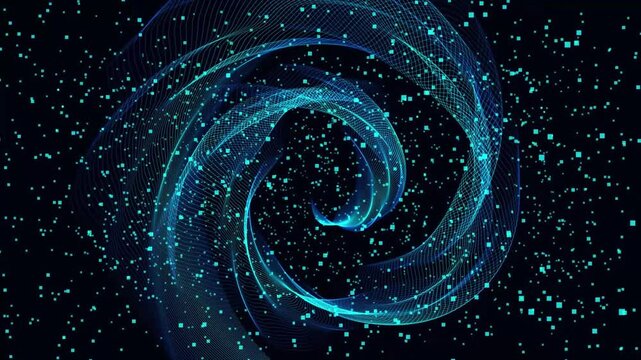 Futuristic digital vortex with glowing blue lines and data particles swirling in a dynamic cybernetic galaxy cyberspace background