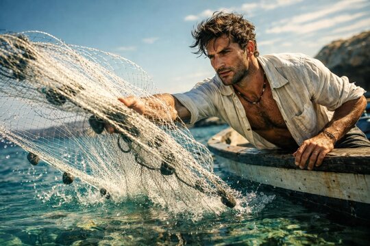 Rugged fisherman hauling net from small boat on clear sea, cinematic summer adventure on the coast.