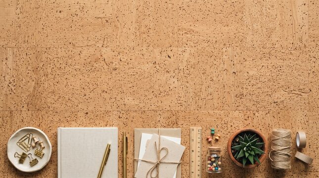 Flat lay of stationery and office supplies on cork background