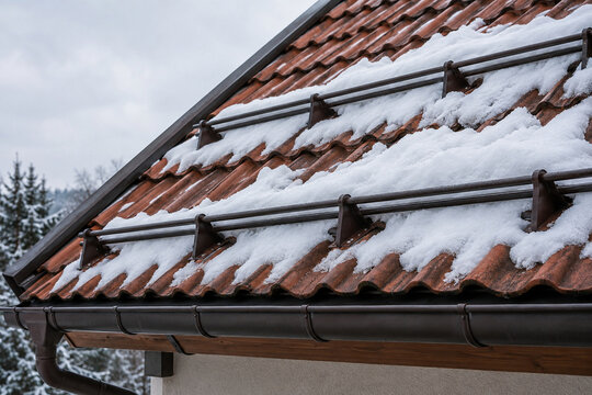 Snow guards holding a winter snow layer on a tiled roof