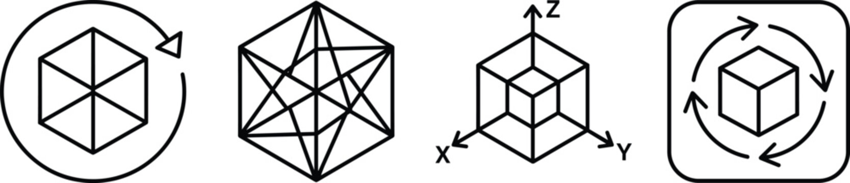 Geometric 3D cube line icon set with rotation arrows axis model and wireframe polygon vector elements