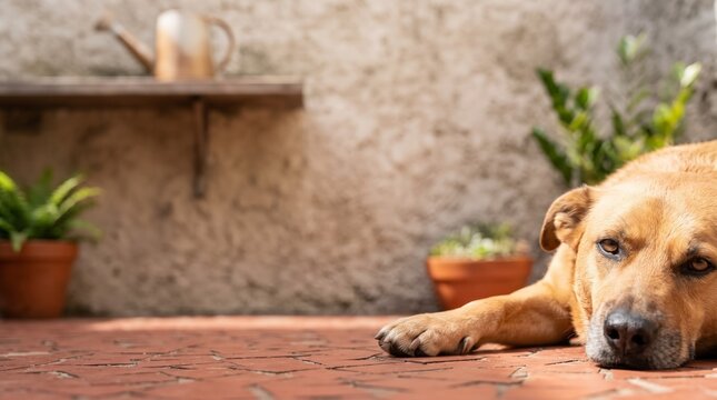 Close up of a lazy caramelo dog resting on a red mosaic tile floor