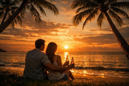 Couple sitting on tropical beach at sunset with drinks, romantic vacation view under palm trees by calm ocean.