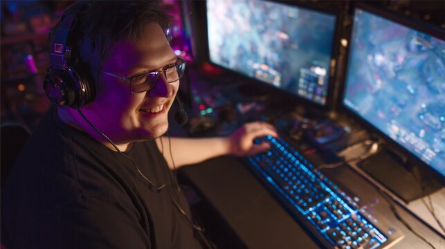 Young man smiling while playing video games on a computer setup with glowing peripherals