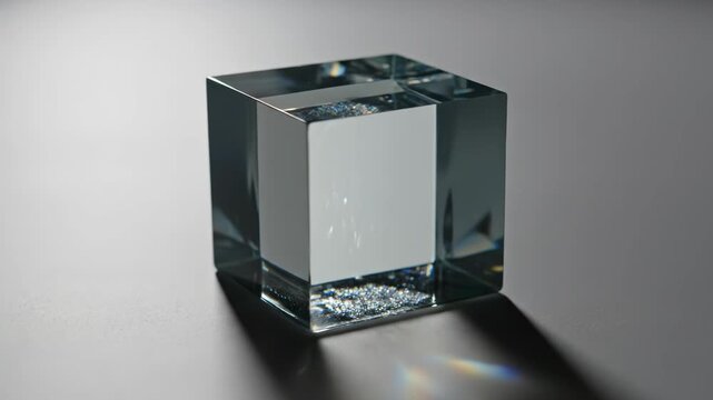 Transparent glass cube placed centrally on a smooth grey background featuring sharp shadows and caustic light patterns with rainbow spectrum reflections in a studio shot.