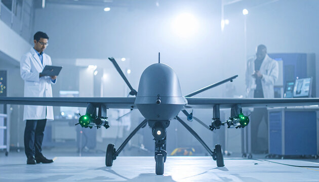Engineers in white coats inspect a hightech combat drone in a modern facility. This image captures scientific progress, military innovation, and precision engineering in a sleek, cinematic style.