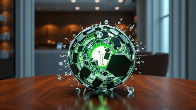 Glass sphere shattering, green light emanating. Interior reveals human head outline, modern interior background visible. Dramatic lighting, sleek design.
