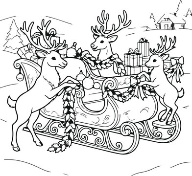 Christmas reindeer and sleigh with presents vector coloring page