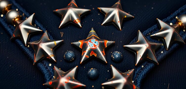 Close-up of worn, distressed star-shaped metal studs on dark fabric, metal, light