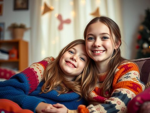 Cozy moment between mother and preteen daughter, sweet moments, tender touch.