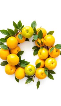 Fresh fruit wreath with yellow lemons and green apples isolated on white background, green, lemons