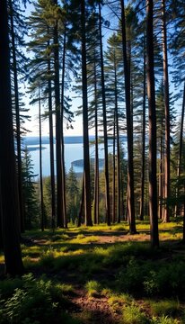 Forest glade surrounded by tall trees and lake in distance, outdoors, trailer