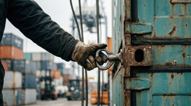 Dockworker securing twist lock on shipping container corner casting at busy port terminal