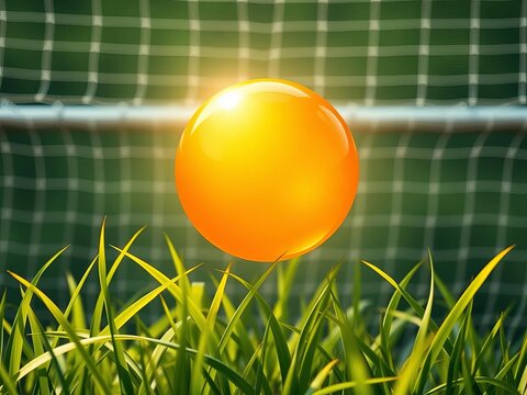 Golden brown orb suspended in mid-air as it arcs towards the goal, blades of emerald grass swaying beneath, aerial perspective, intense game