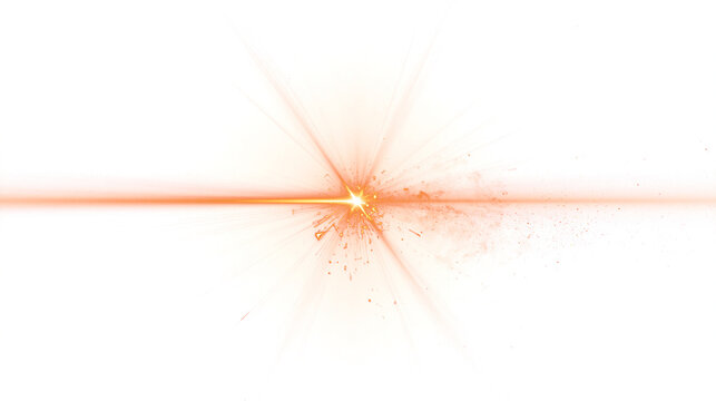 Central orange light burst with glowing sparks and horizontal flare on transparent background for cinematic energy, impact and technology design
