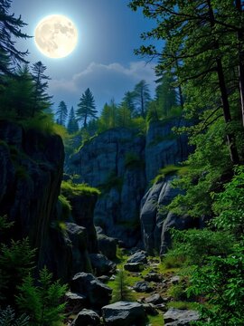 Rocky outcroppings and trees illuminated by moonlight in Schrammsteine forest, moonlight, forest