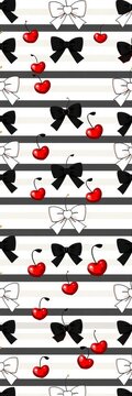 Striped black white bows and heart shaped cherries seamless pattern vector illustration, decorative, fabric