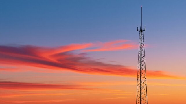 Telecommunication tower silhouette against vivid sunset sky with orange and pink clouds