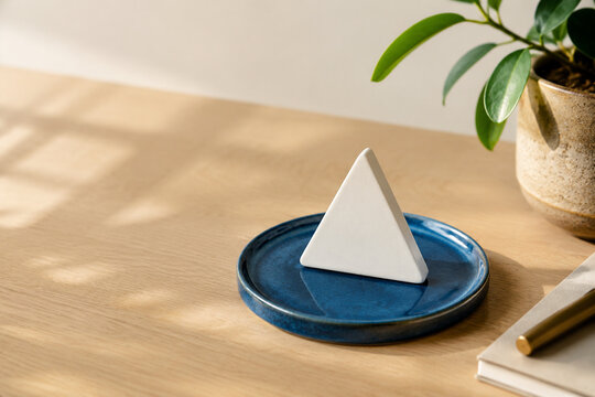 White equilateral triangle paperweight on blue ceramic coaster, neutral still life for editorial header