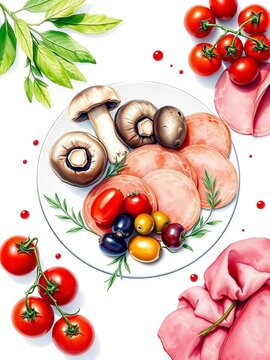 Watercolor illustration of a plate with mushrooms, salami, olives, and cherry tomatoes on a white background, plate, food