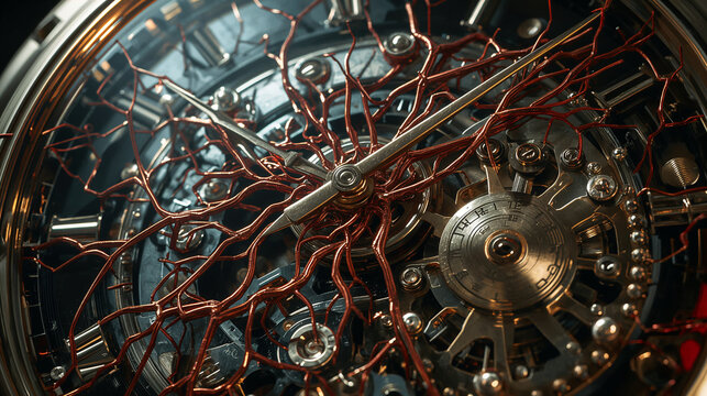 Intricate Mechanical Clockwork Heart with Neural Wire Network, Futuristic Steampunk Time Machine, Precision Engineering Gears, Artificial Intelligence Concept, Advanced Technology Macro Design