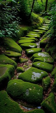 Winding moss-covered stones form a lush pathway amidst verdant foliage, peaceful, hardscaping