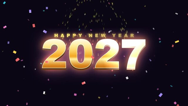 Glowing Gold Happy New Year 2027 Celebration With Fireworks And Confetti Loop