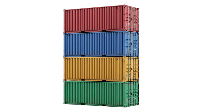 Stacked cargo containers in colorful metallic finish, intermodal shipping container stack, global freight logistics concept