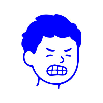 A minimalist blue line art illustration of a person grimacing with a cringing expression, showing eyes squinched shut and gritted teeth.