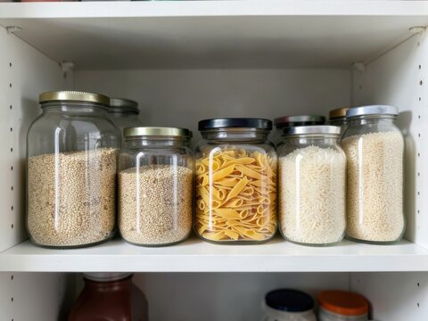 Pantry Staples Organized on Kitchen Shelf