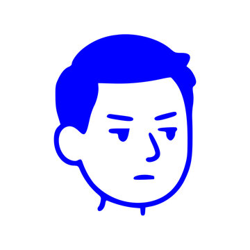 A minimalist flat illustration of a male face with narrowed eyes, conveying a skeptical, unimpressed, or suspicious expression.
