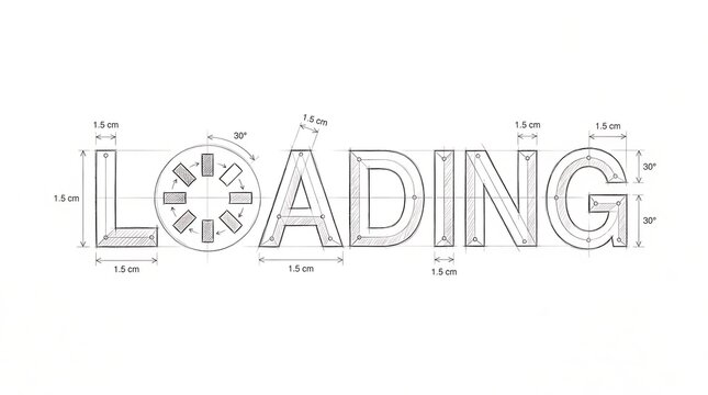Pencil sketch of the word loading with technical measurements and dimensions