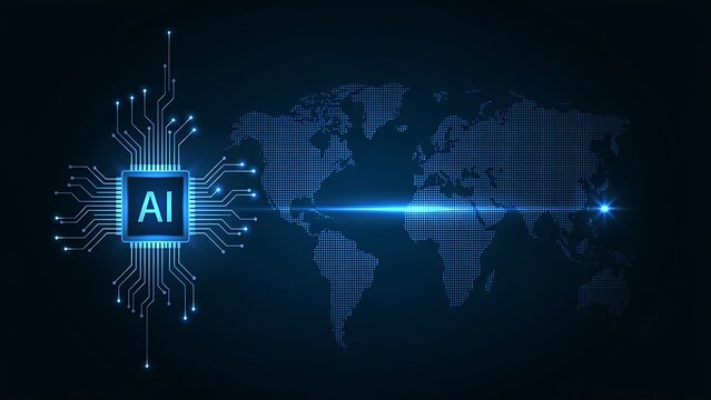 Artificial Intelligence CPU chip expanding its reach globally, symbolizing advanced technology, data connectivity, and the future of digital innovation across the world map