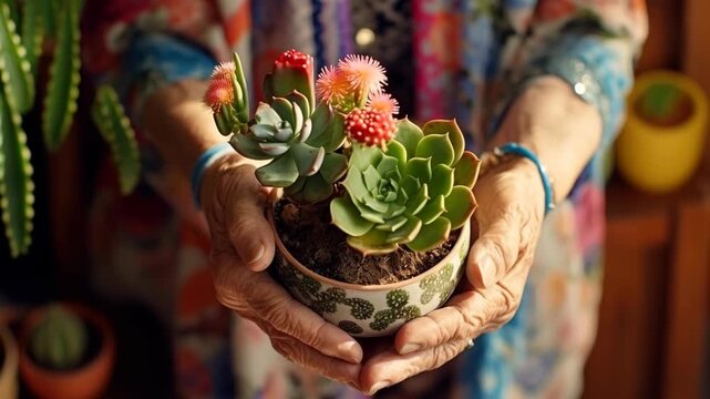 Elderly Hands Holding a Blooming Succulent in a Decorative Ceramic Pot