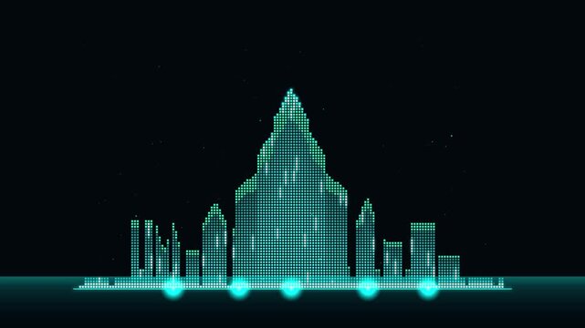 Digital pixel city skyline background, futuristic cyber town vector art concept