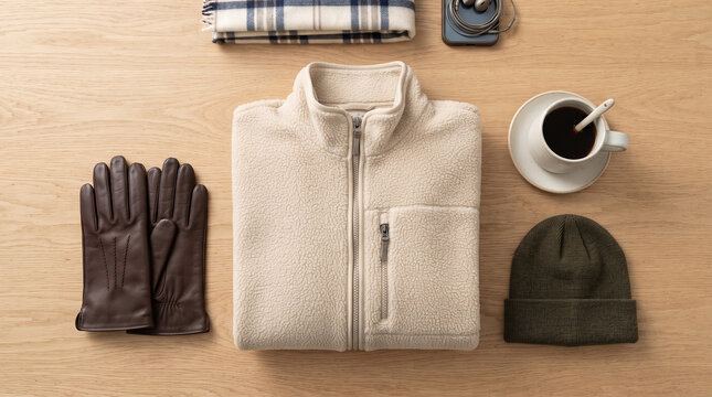 Folded Beige Fleece Jacket Flat Lay Display with Winter Accessories on Wooden Surface Mockup
