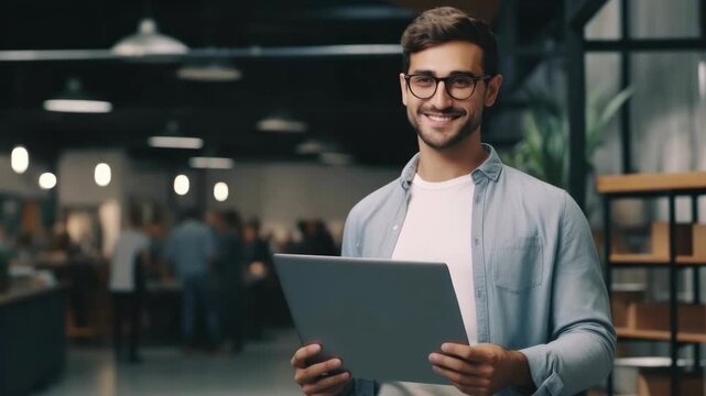 Happy Young Man with Glasses Smiling while Holding Tablet in Modern Cafe