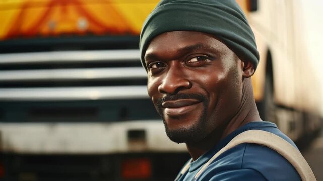 Smiling Black man with beard and beanie in front of a truck