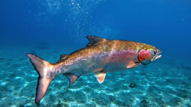 Rainbow trout swimming gracefully through crystal clear blue water in a natural aquatic environment