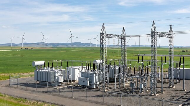 Renewable energy landscape An essential electrical power substation facilitates the distribution of green electricity from a sprawling wind turbine farm