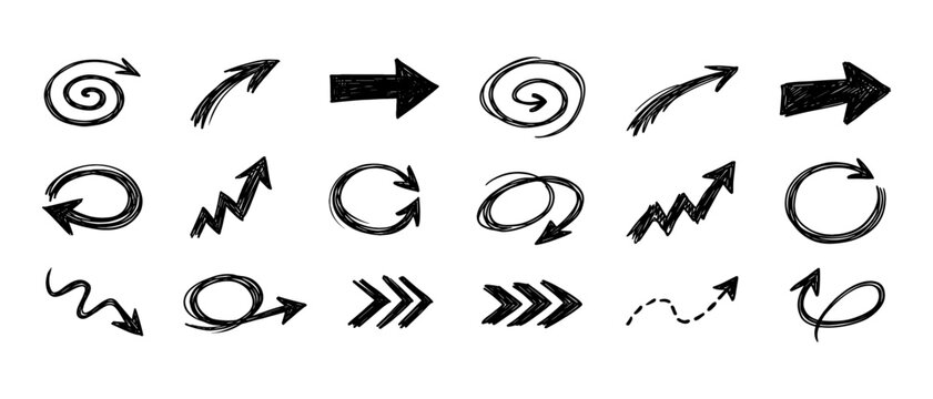 Hand drawn arrow collection with curved, circular, spiral, zigzag and directional sketch arrows in black ink style