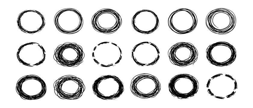 Hand drawn circle frame collection with rough rings, scribble outlines, grunge borders and black circular design elements