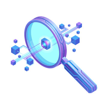AI Search Magnifying glass analyzing data with cubes in modern style  
