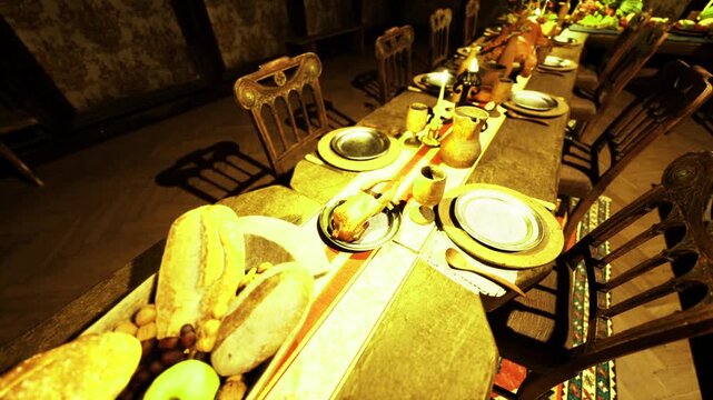 Golden festival feast table with loaves, ornate runner and plates, chairs cast long shadows, warm amber lighting evokes celebratory harvest mood
