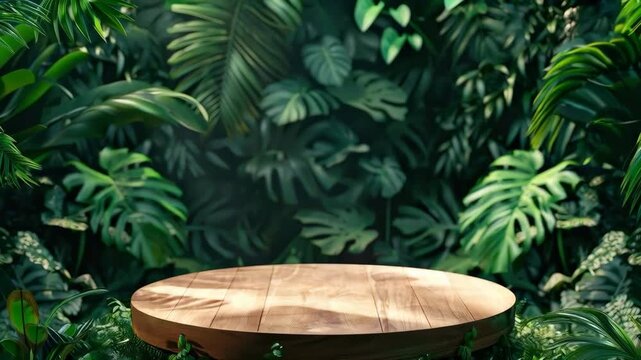 Round Wooden Podium in a Lush Tropical Jungle Setting