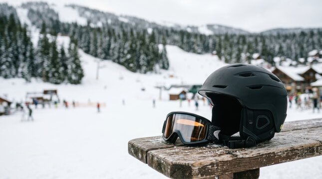 Black ski helmet and goggles resting on a weathered wooden table with a snowy mountain resort in the background