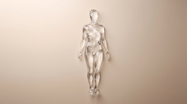 A static shot captures a translucent glass human figure standing upright against a plain beige wall, illuminated by soft studio light, displaying clean minimalist design and a sterile