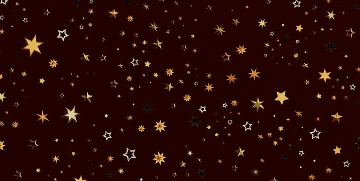Abstract festive background with glittering gold and white stars on a dark red field.