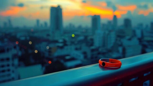 Orange fitness tracker on a balcony railing overlooking a blurred city skyline at sunset